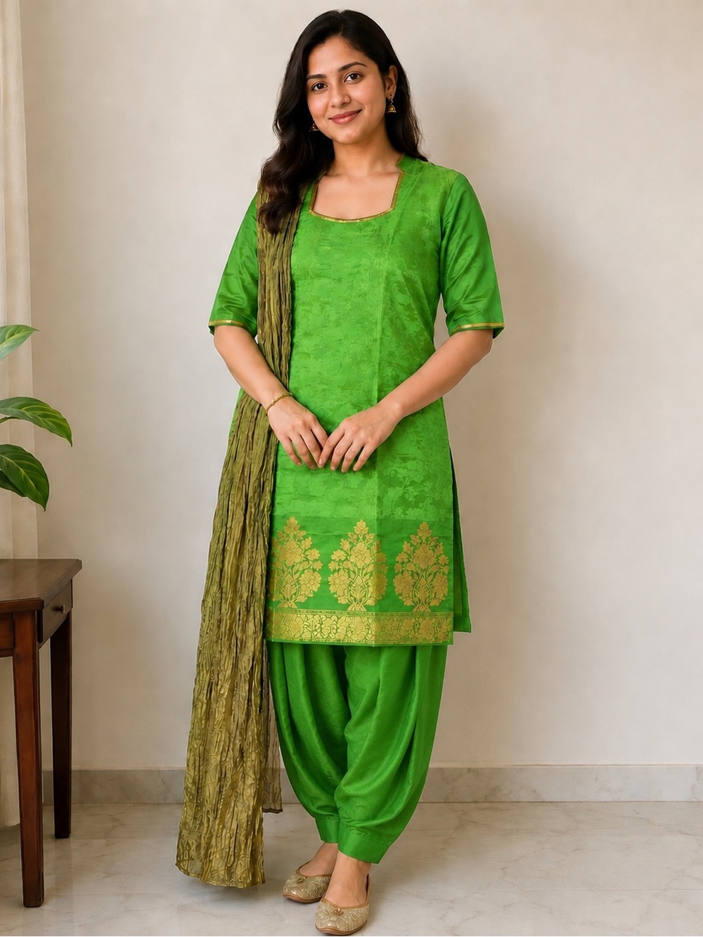Green Women's Punjabi Salwar Kameez Set with Gold Motif